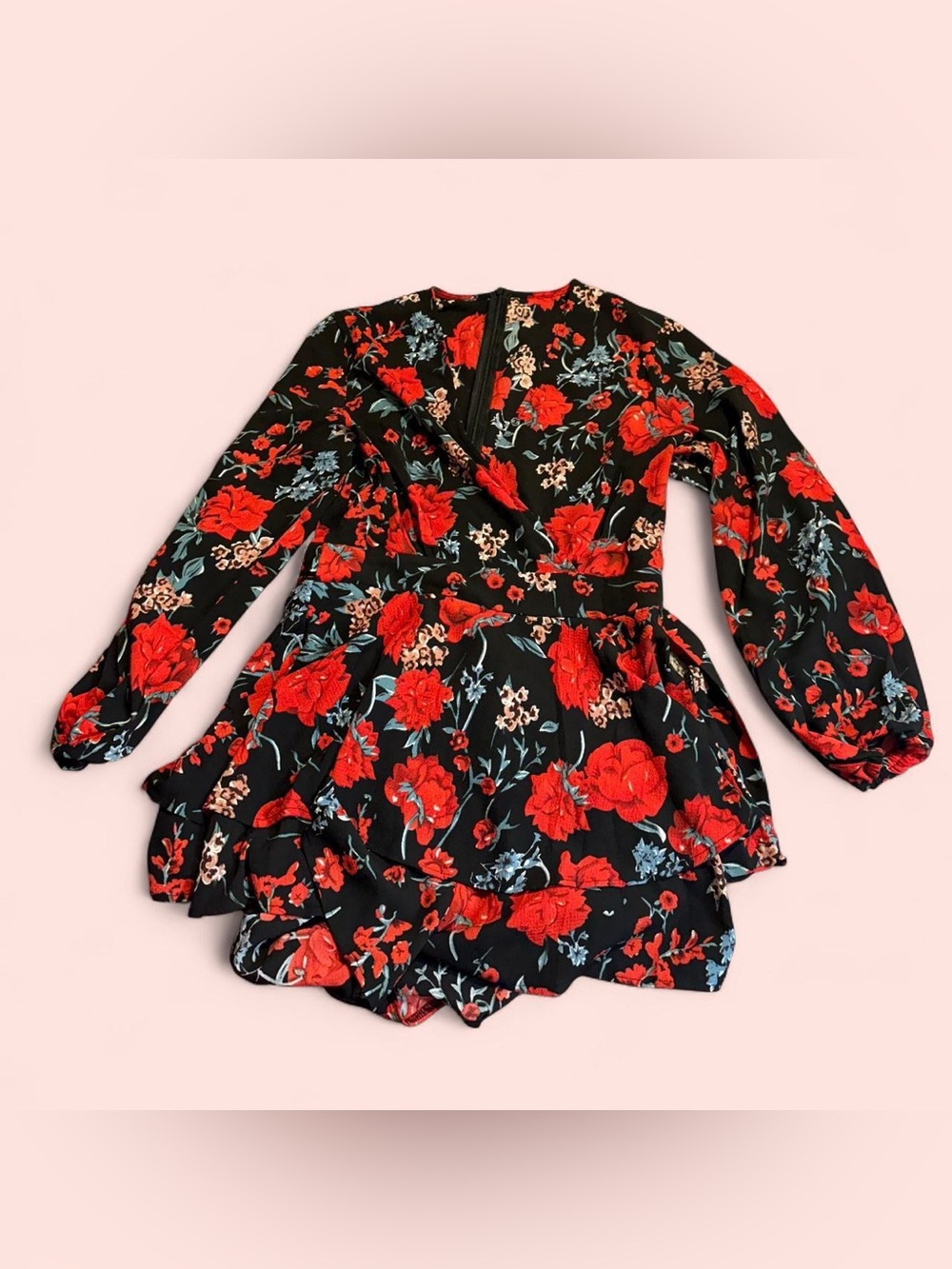 Black Floral Long-Sleeve Romper with Red Rose Print